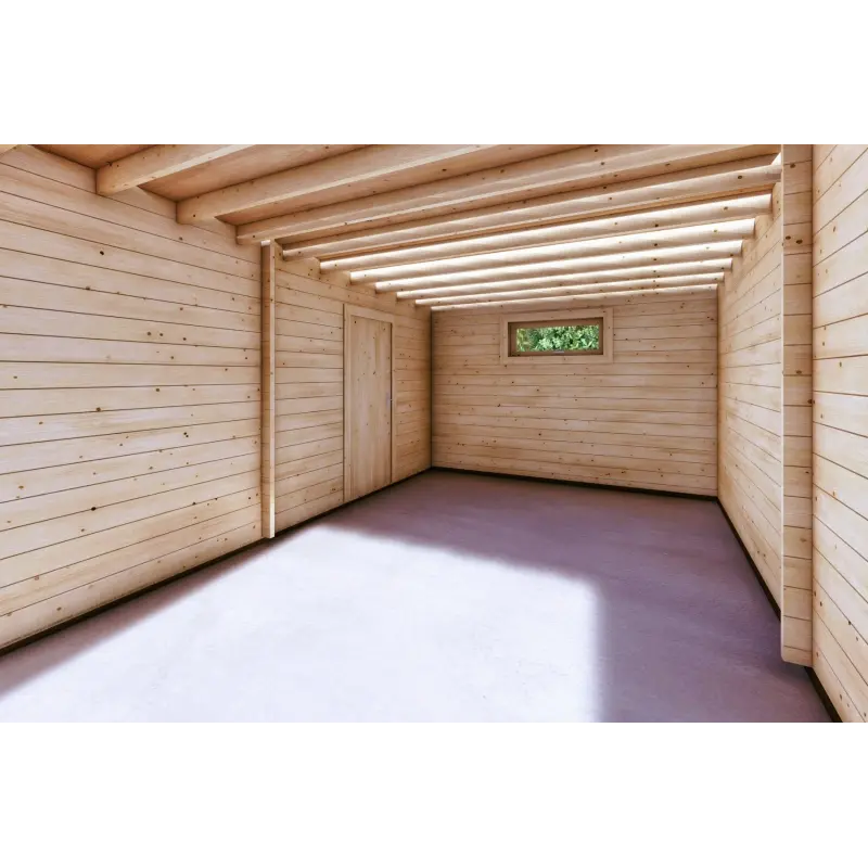 Doppel-Holzgarage mit Pultdach und Abstellraum 9.6x6.4, 44/80/30/40 mm, Inneansicht