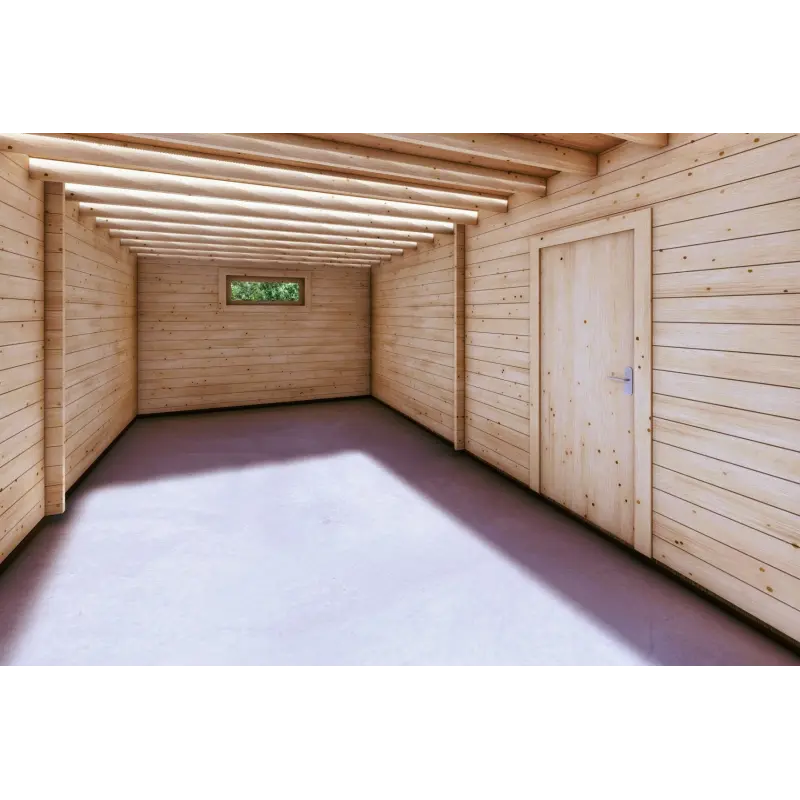 Doppel-Holzgarage mit Pultdach und Abstellraum 9.6x6.4, 44/80/30/40 mm, Innenwände