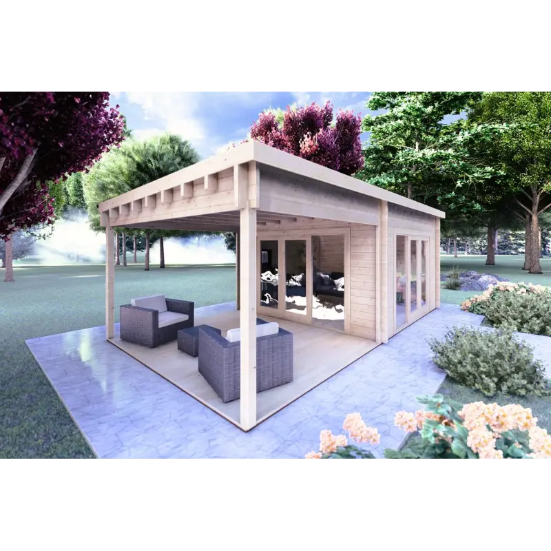 Moderne Gartenhaus ERICA 7x4, 44mm, Frontansicht linke Seite