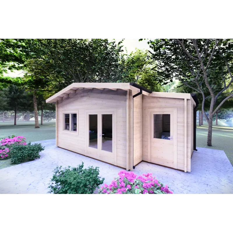 Gartenhaus Holz JASMINE 8x4, 44mm, Frontansicht rechte Seite
