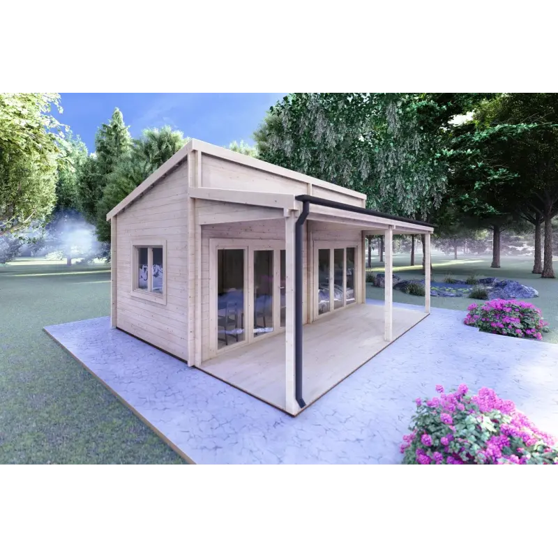 Moderne Holzhaus mit terrasse GIANNA 6.5x5.4, 44mm, Frontansicht linke Seite