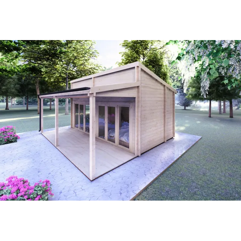 Moderne Holzhaus mit terrasse GIANNA 6.5x5.4, 44mm, Frontansicht rechte Seite