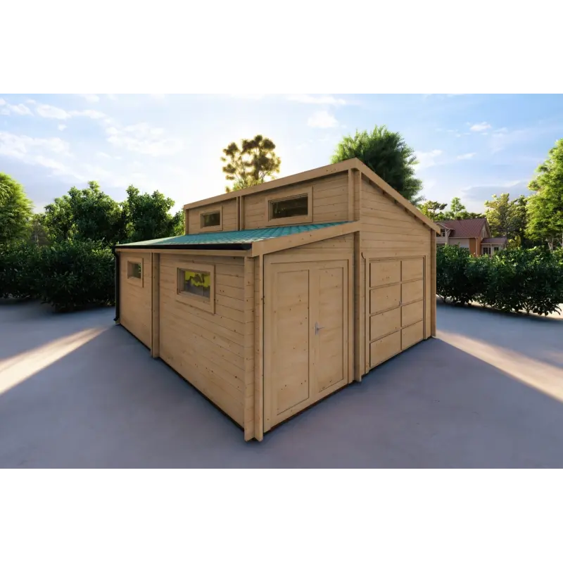 Garage aus Holz als Einzelgarage mit Abstellraum 35 m², 44mm, Frontansicht linke Seite