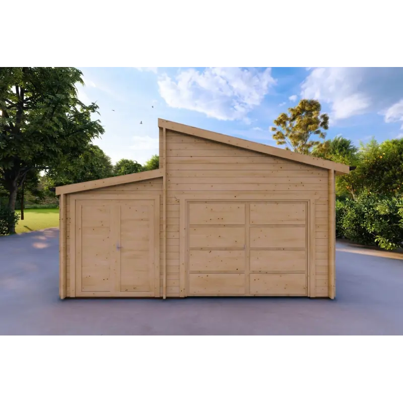 Garage aus Holz als Einzelgarage mit Abstellraum 35 m², 44mm, Frontansicht