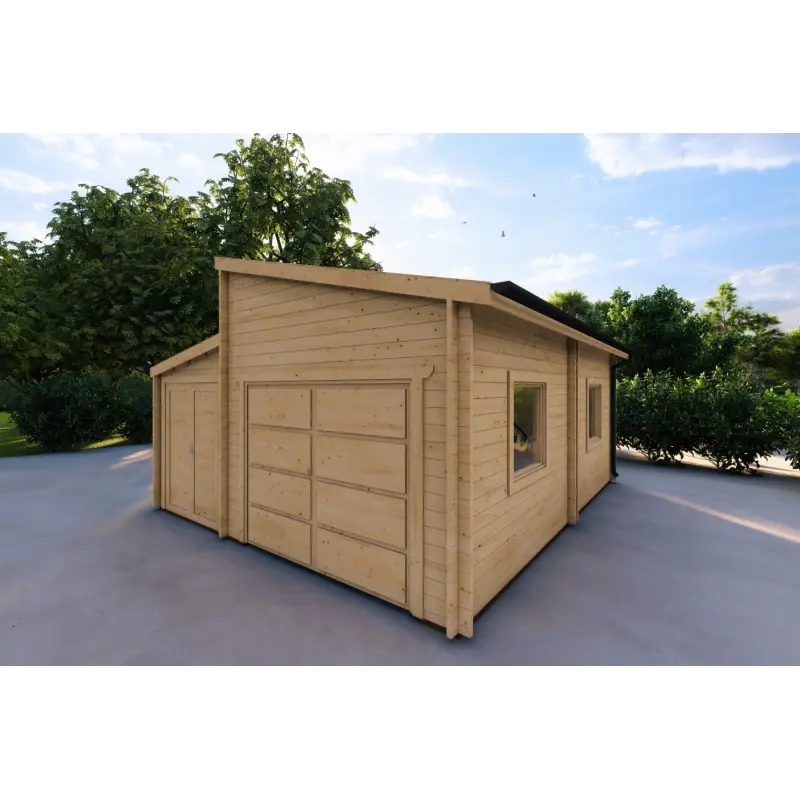 Garage aus Holz als Einzelgarage mit Abstellraum 35 m², 44mm, Frontansicht rechte Seite