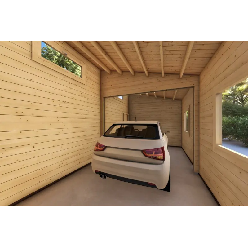 Garage aus Holz als Einzelgarage mit Abstellraum 35 m², 44mm, Innenansicht mit Auto