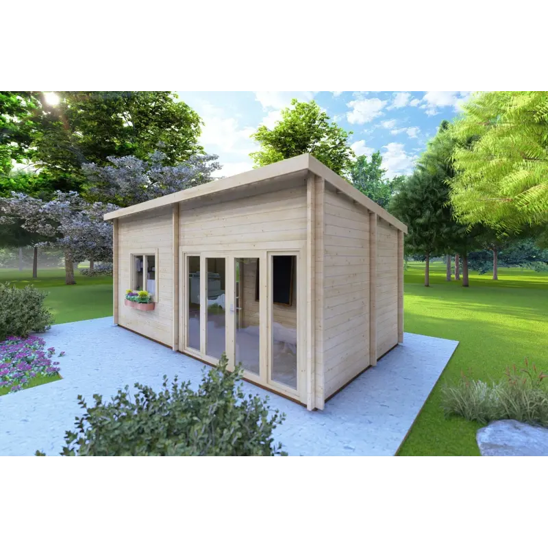 Moderne Gartenhaus AFRODITE 6.5x3.5, 44mm, Frontansicht rechte Seite