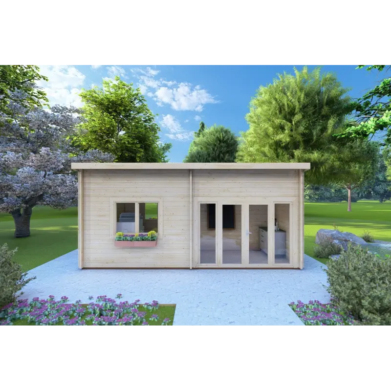 Moderne Gartenhaus AFRODITE 6.5x3.5, 44mm, Frontansicht