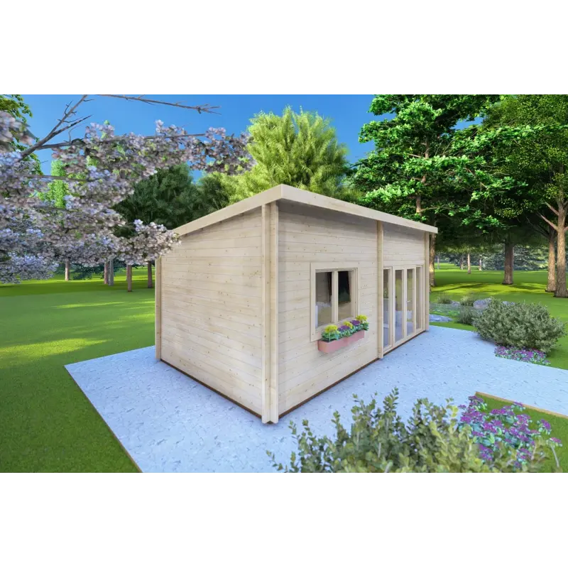 Moderne Gartenhaus AFRODITE 6.5x3.5, 44mm, Frontansicht linke Seite