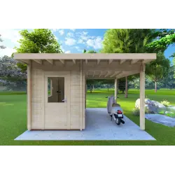 Gartenhaus Holz AMARISSA mit Überdachung 3x4, 44mm, Frontansicht