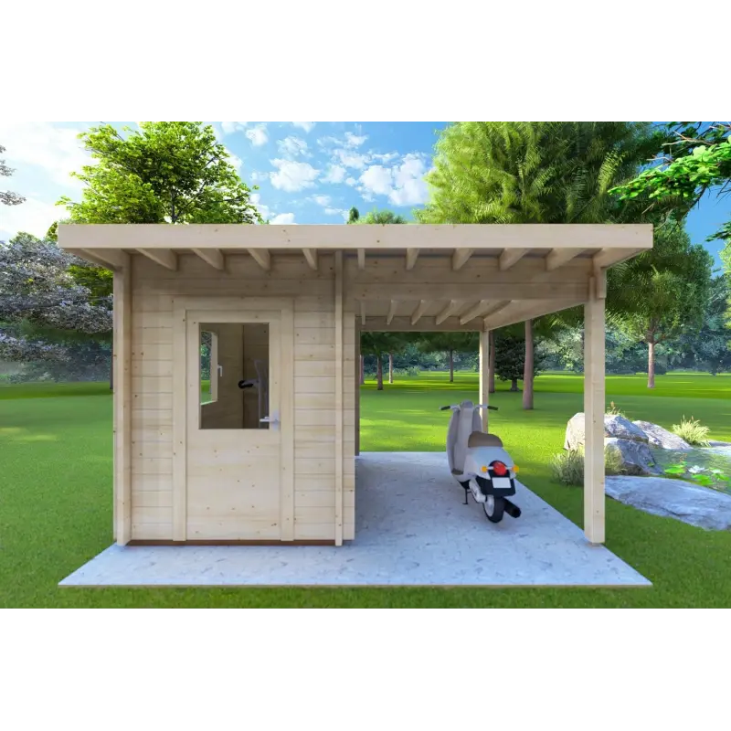 Gartenhaus Holz AMARISSA mit Überdachung 3x4, 44mm, Frontansicht