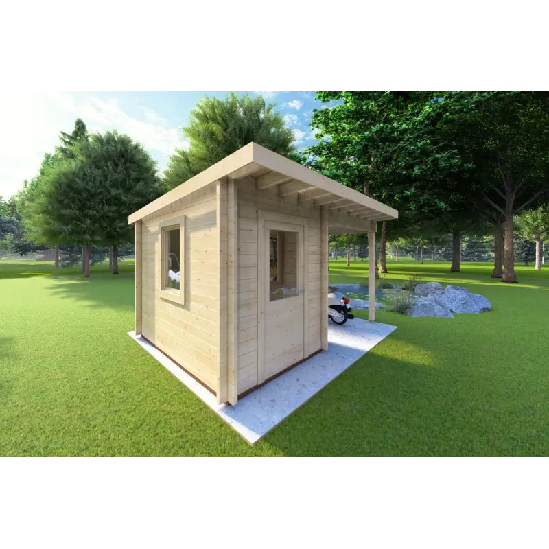 Gartenhaus Holz AMARISSA mit Überdachung 3x4, 44mm, Frontansicht linke Seite