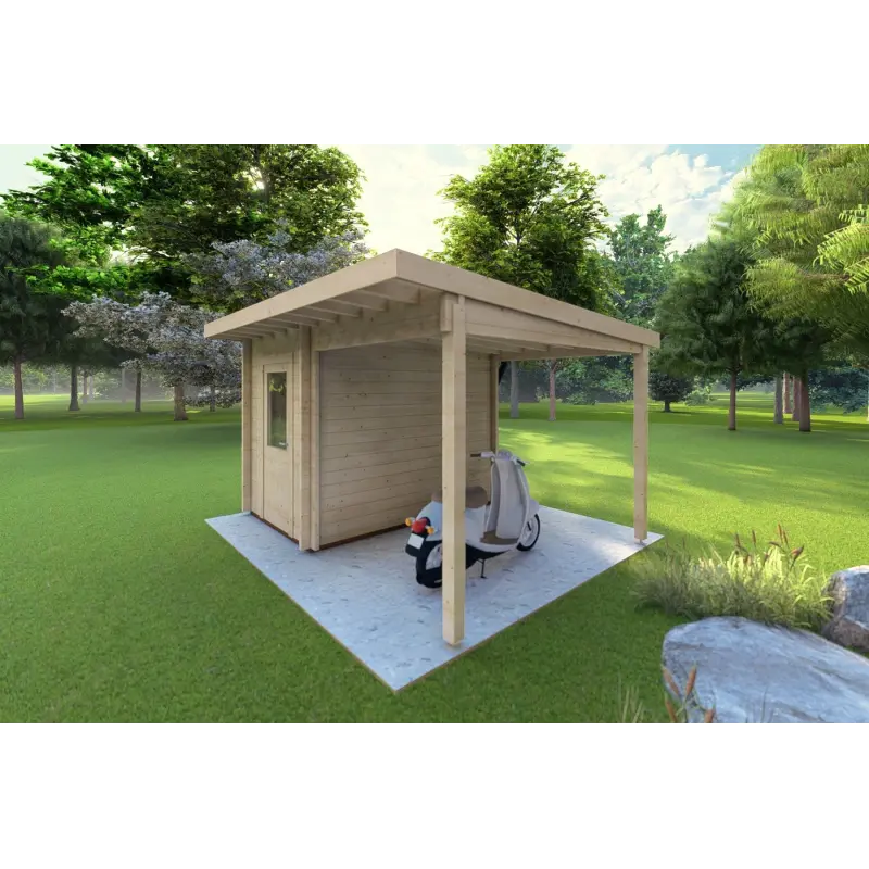 Gartenhaus Holz AMARISSA mit Überdachung 3x4, 44mm, Frontansicht rechte Seite