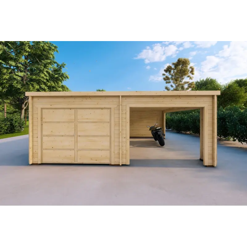 Holzgarage mit Monopitch-Carport 38 m², 44mm, Frontansicht