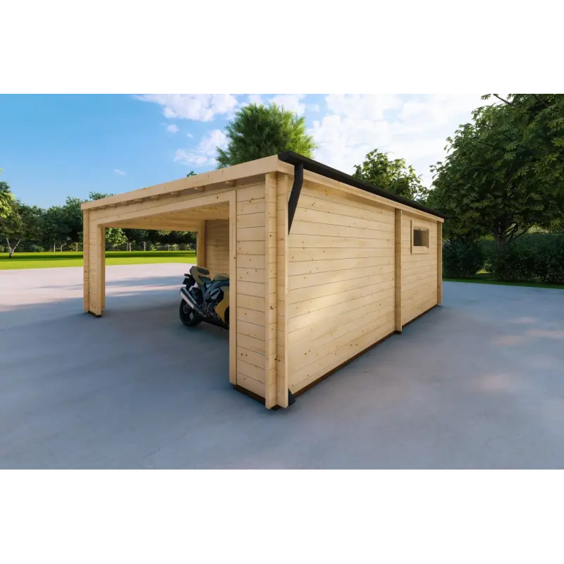Holzgarage mit Monopitch-Carport 38 m², 44mm, Rückansicht rechts