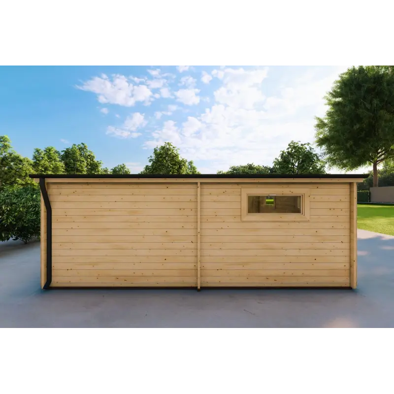 Holzgarage mit Monopitch-Carport 38 m², 44mm, Rückansicht