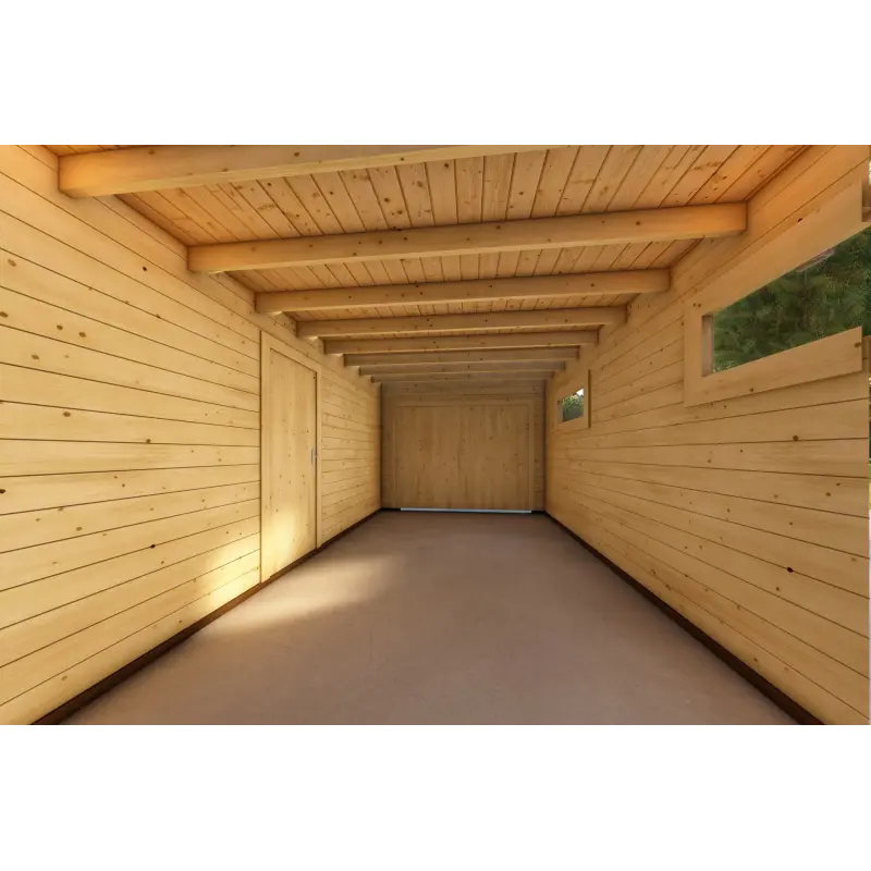 Holzgarage mit Monopitch-Carport 38 m², 44mm, Innenansicht