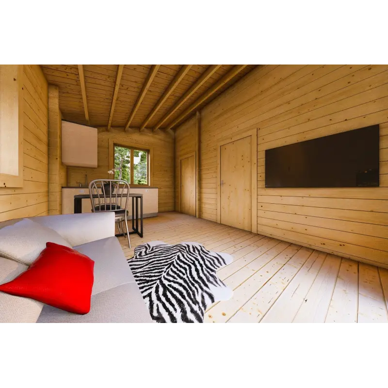 Isolierte Blockbohlenhaus Bianca 40 m², 44/100/44 mm, Innenansicht offener Wohnbereich