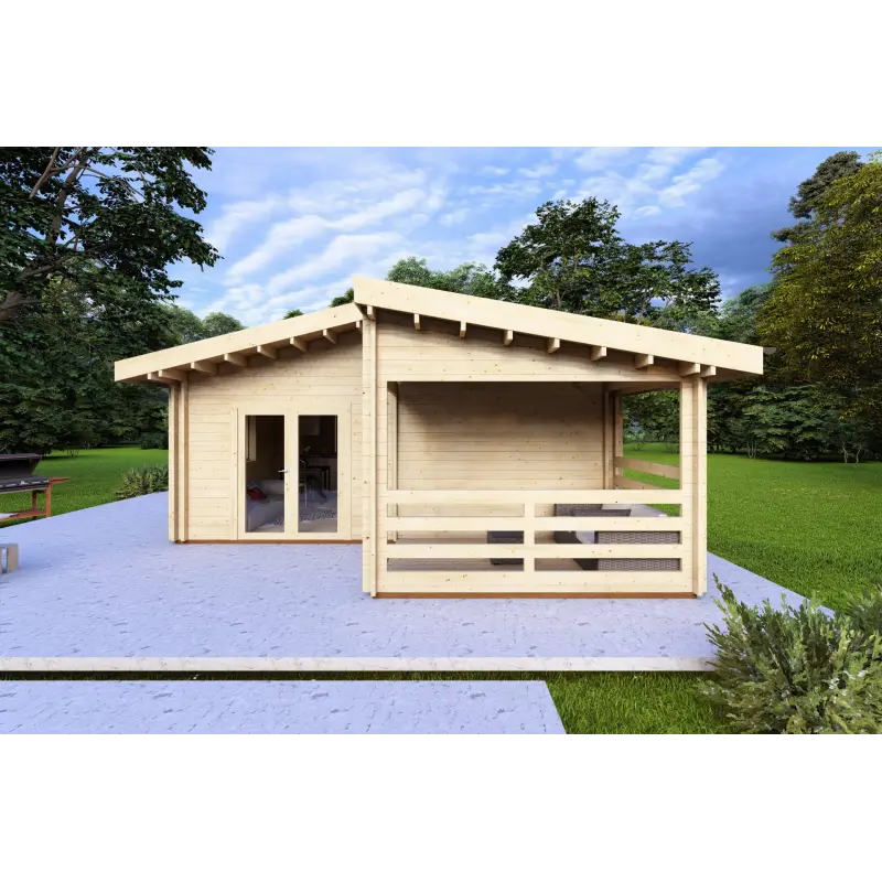Isolierte Blockbohlenhaus Bianca 40 m², 44/100/44 mm, Frontansicht