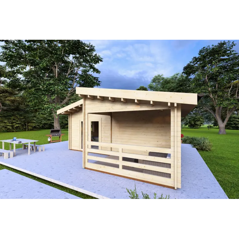 Isolierte Blockbohlenhaus Bianca 40 m², 44/100/44 mm, Frontansicht rechte Seite