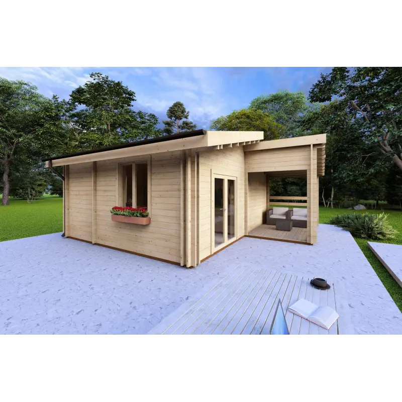 Isolierte Blockbohlenhaus Bianca 40 m², 44/100/44 mm, Frontansicht linke Seite