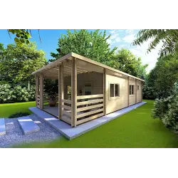 Moderne Holzhaus CLOTILDE 5.5x10, 44mm, Frontansicht rechte Seite