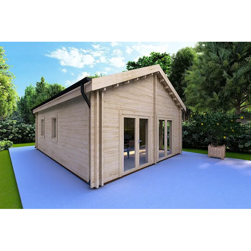 Winterfestes Holzhaus SILVIA 5.5x7.4, 44/100/44 mm, Frontansicht linke Seite