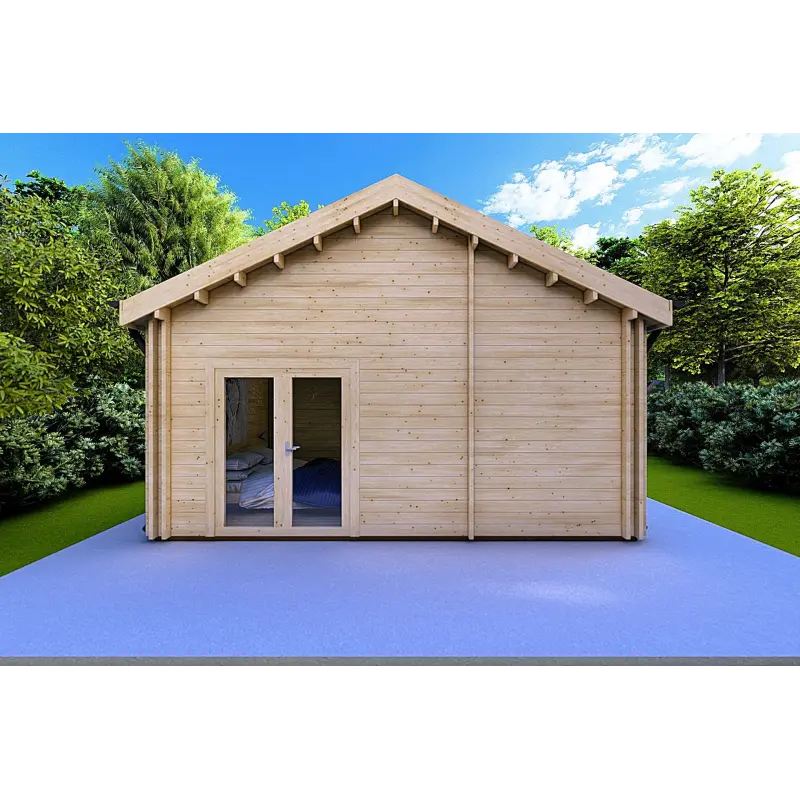 Winterfestes Holzhaus SILVIA 5.5x7.4, 44/100/44 mm, Rückansicht