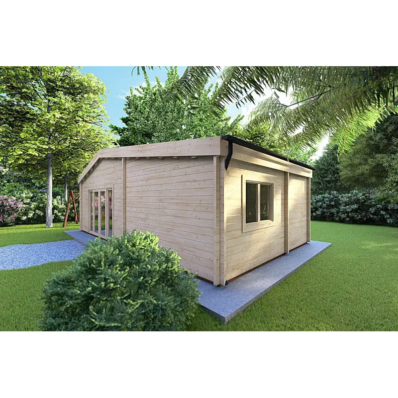 Blockbohlenhaus IRENE 8.6x4.9, 60mm, Frontansicht rechte Seite