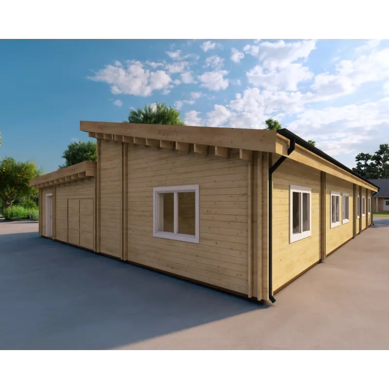 Fertighaus Holzhaus mit Doppelgarage PRISCILLA, 44/140/44 mm, Rückansicht rechts