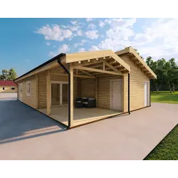 Fertighaus Holzhaus mit Schwalbenschwanzverbindung PAMELA 115 m², 100mm, Frontansicht rechte Seite
