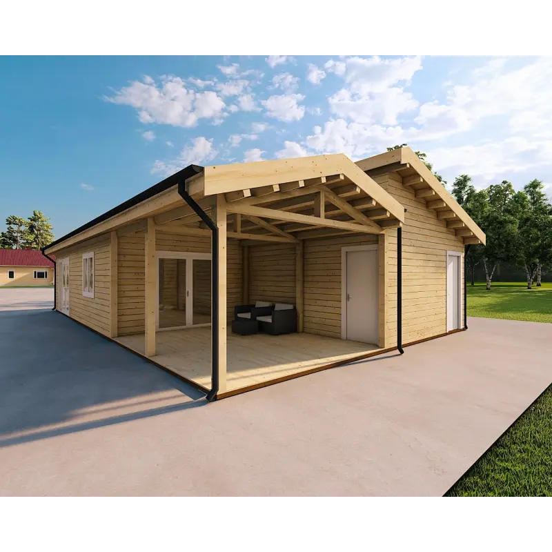 Fertighaus Holzhaus mit Schwalbenschwanzverbindung PAMELA 115 m², 100mm, Frontansicht rechte Seite