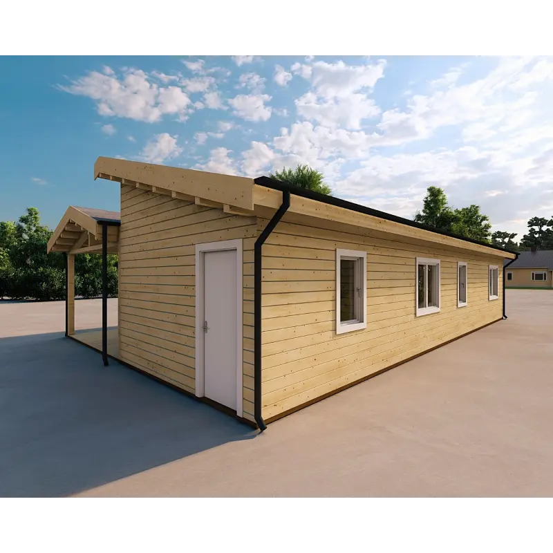 Fertighaus Holzhaus mit Schwalbenschwanzverbindung PAMELA 115 m², 100mm, Rückansicht rechts