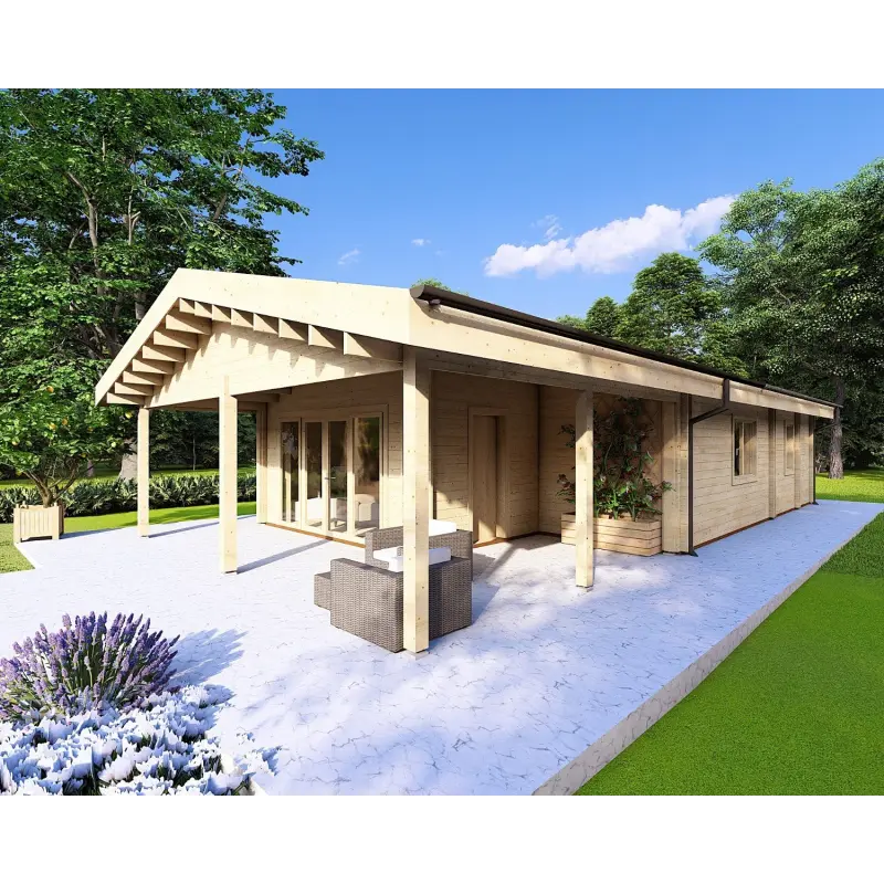 Holzhaus Fertighaus​ mit 5 Zimmern EVA 108 m², 44/140/44 mm, Frontansicht rechte Seite