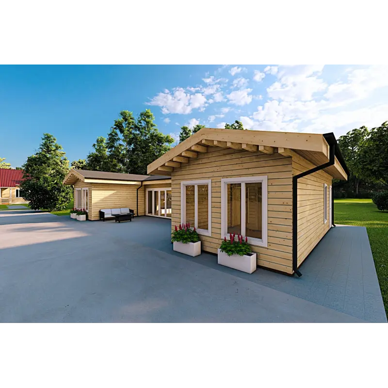 Fertighaus Holzhaus in Hufeisenform AMBRA 96 m², 100mm, Frontansicht rechte Seite