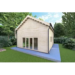 Isolierte Blockbohlenhaus mit Zwischengeschoss MAGGIE 6x7 60/100/30/40 mm, Frontansicht rechte Seite