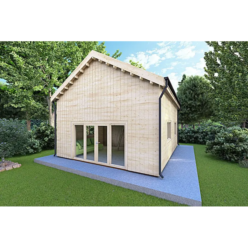 Isolierte Blockbohlenhaus mit Zwischengeschoss MAGGIE 6x7 60/100/30/40 mm, Frontansicht rechte Seite