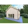 Isolierte Blockbohlenhaus mit Zwischengeschoss MAGGIE 6x7 60/100/30/40 mm, Frontansicht rechte Seite