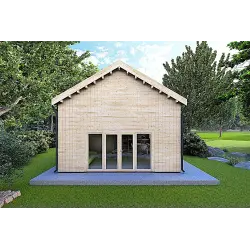 Isolierte Blockbohlenhaus mit Zwischengeschoss MAGGIE 6x7 60/100/30/40 mm, Frontansicht