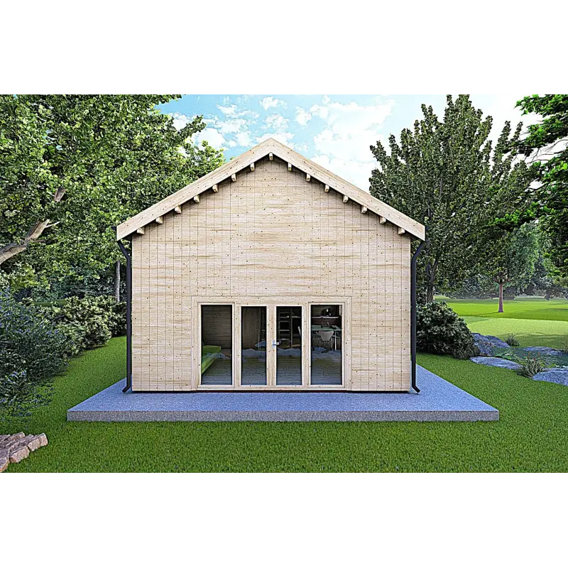 Isolierte Blockbohlenhaus mit Zwischengeschoss MAGGIE 6x7 60/100/30/40 mm, Frontansicht