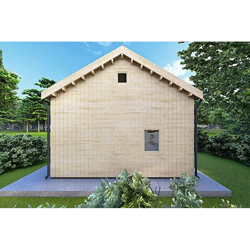 Isolierte Blockbohlenhaus mit Zwischengeschoss MAGGIE 6x7 60/100/30/40 mm, Rückansicht