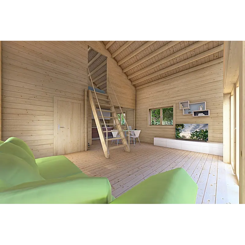Isolierte Blockbohlenhaus mit Zwischengeschoss MAGGIE 6x7 60/100/30/40 mm, Innenansicht offener Wohnbereich