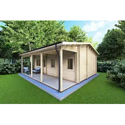 Isolierte Blockbohlenhaus für Campingplätze EMMA 8x7, 44/100/44 mm, Frontansicht rechte Seite