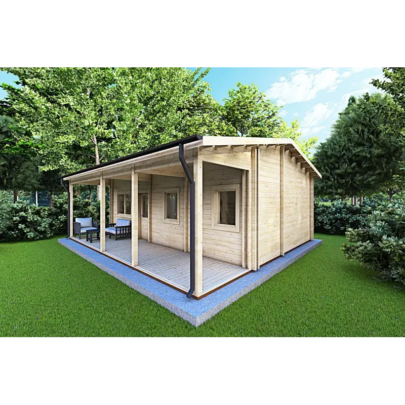 Isolierte Blockbohlenhaus für Campingplätze EMMA 8x7, 44/100/44 mm, Frontansicht rechte Seite