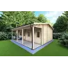 Isolierte Blockbohlenhaus für Campingplätze EMMA 8x7, 44/100/44 mm, Frontansicht rechte Seite