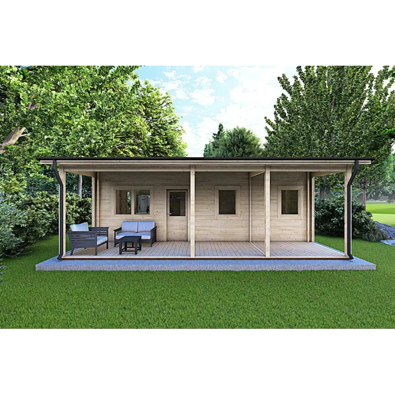 Isolierte Blockbohlenhaus für Campingplätze EMMA 8x7, 44/100/44 mm, Frontansicht