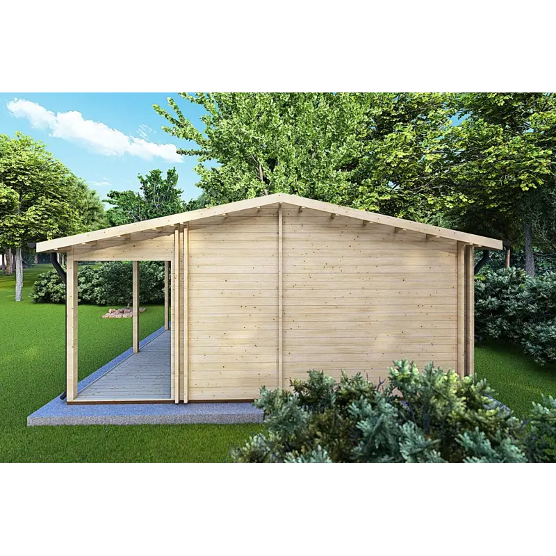 Isolierte Blockbohlenhaus für Campingplätze EMMA 8x7, 44/100/44 mm, rechte Seite