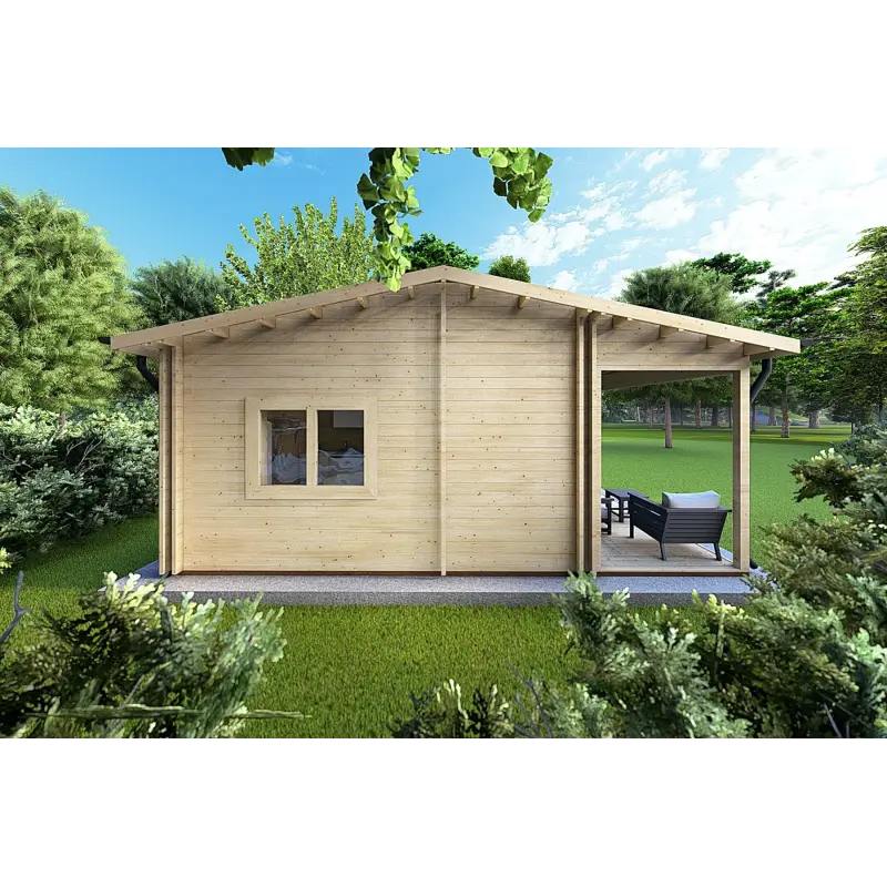 Isolierte Blockbohlenhaus für Campingplätze EMMA 8x7, 44/100/44 mm, linke Seite