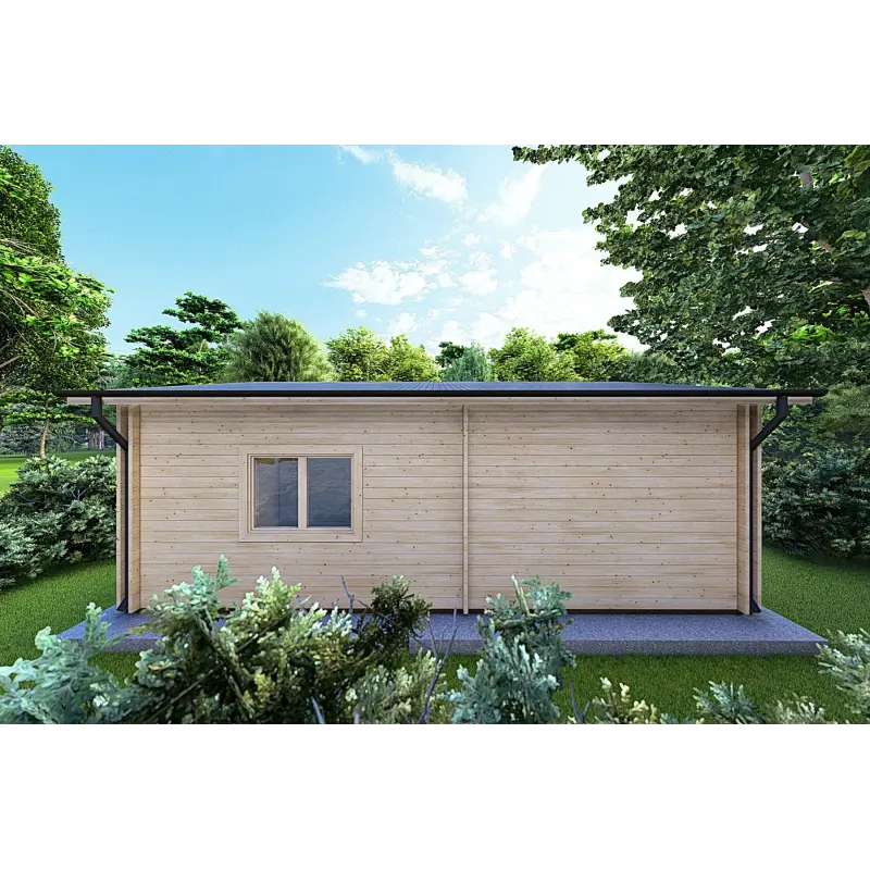 Isolierte Blockbohlenhaus für Campingplätze EMMA 8x7, 44/100/44 mm, Rückansicht