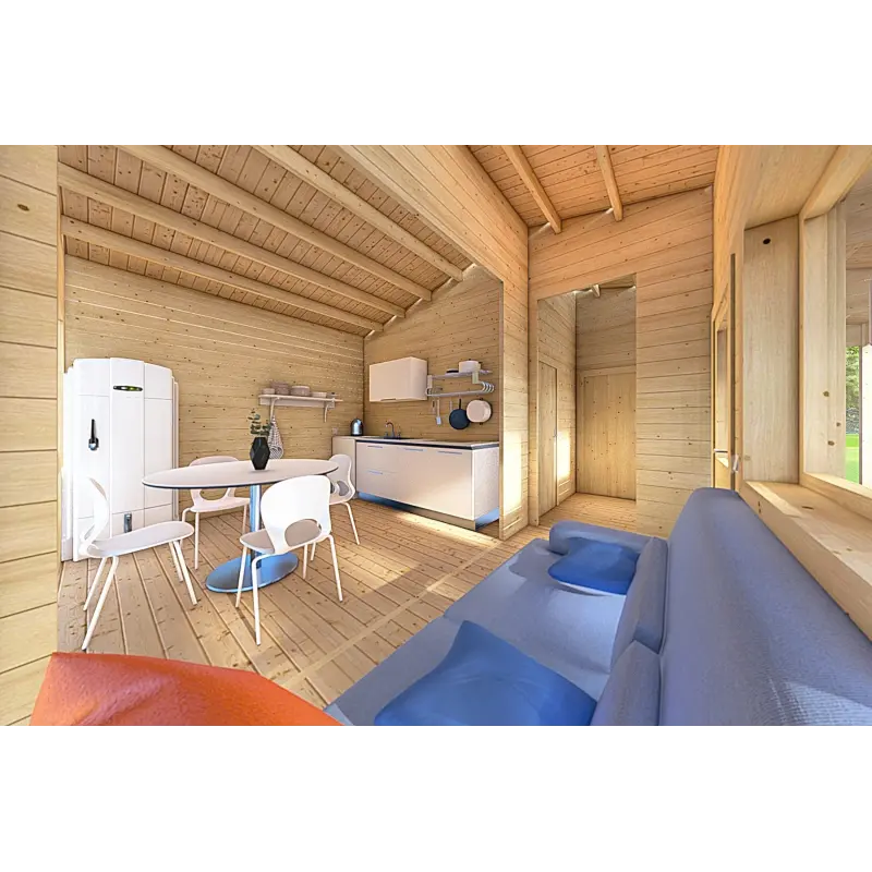 Isolierte Blockbohlenhaus für Campingplätze EMMA 8x7, 44/100/44 mm, Innenansicht offener Wohnbereich